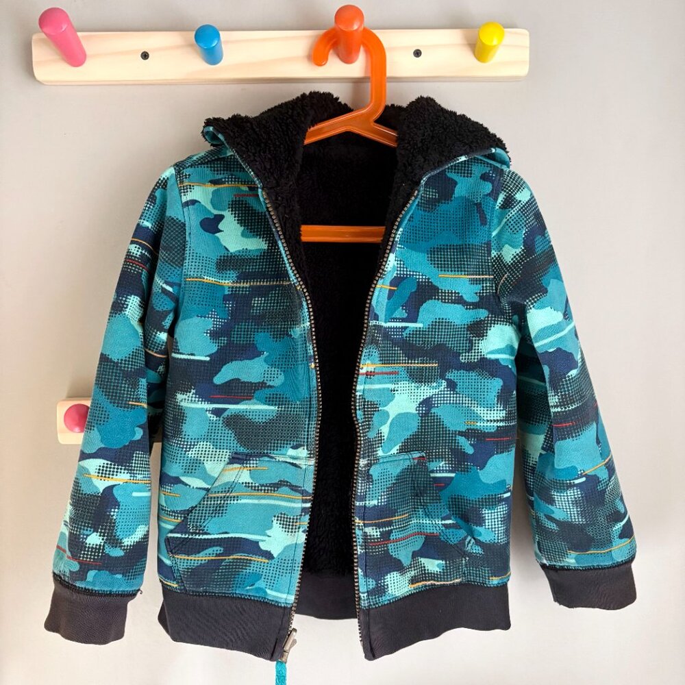 Lands' End Kids Reversible Sherpa Fleece Hoodie in Blue Graphic Camo Print
